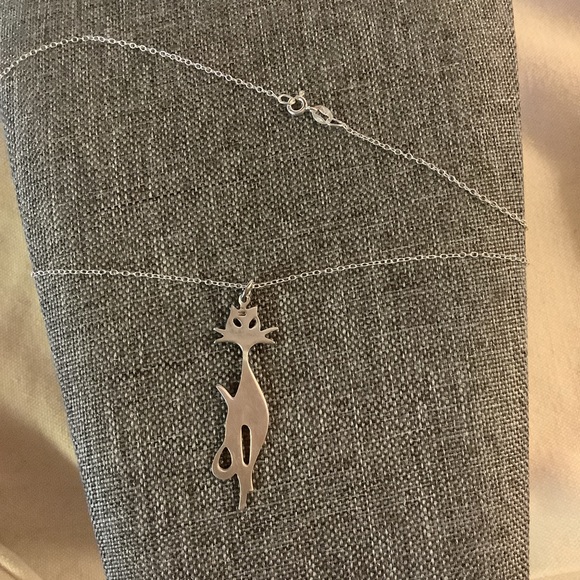 Sterling Silver 925 Signed Middle Century Modern Style Cat Pendant Necklace 18” - Picture 5 of 5